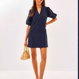 Mialeigh Linen Split V-Neck Elbow Puff Sleeve Shift Dress - worn once